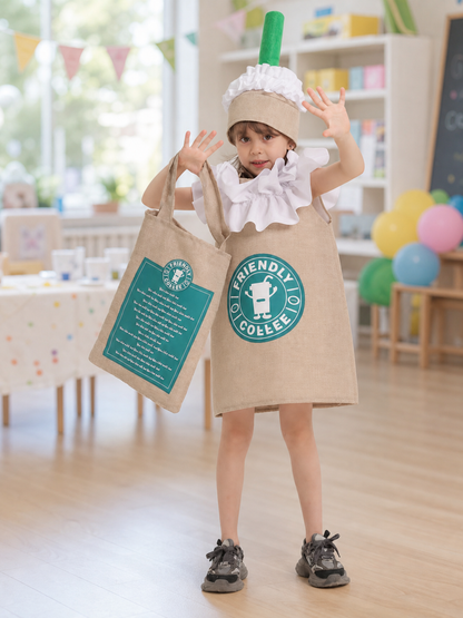 Beverage-Themed Party Costume with Hat and Bag