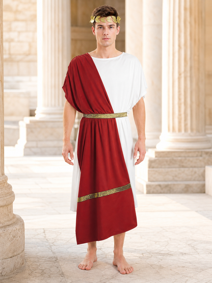 Men's Ancient Greek Costume, Red And White Draped Tunic With Gold Belt And Laurel Headpiece For Cosplay, Stage Events