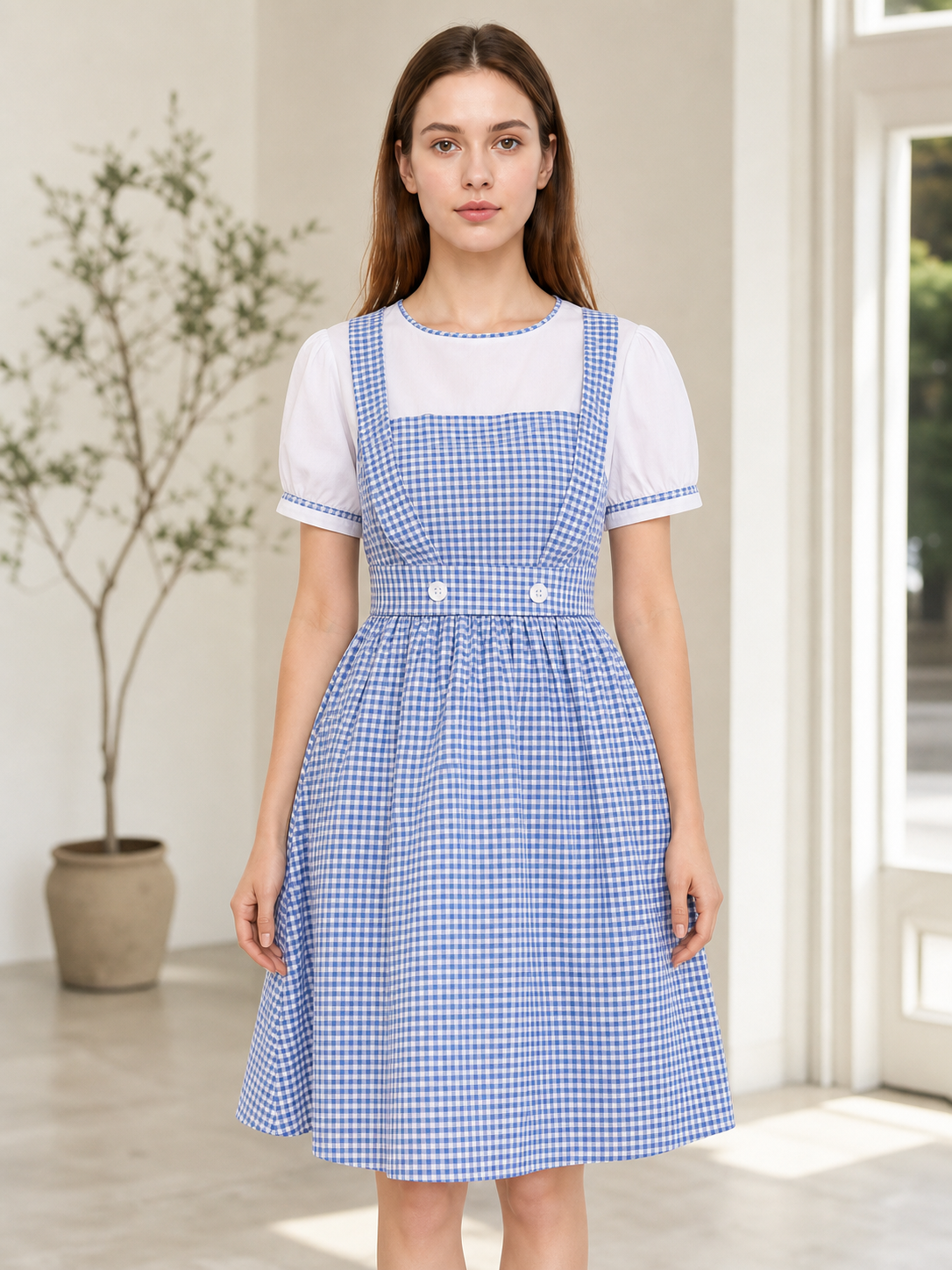 Blue-and-white plaid dress with puff sleeves