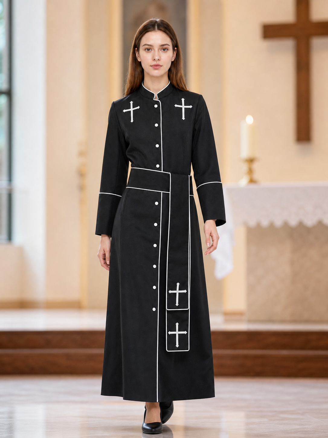 The model is designed in black and styled as a costume for cosplay, Halloween, and masquerades. It is a black cassock with a front featuring white buttons, a stand-up collar, and long sleeves. White crosses are placed on the garment: one is