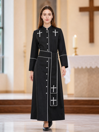 The model is designed in black and styled as a costume for cosplay, Halloween, and masquerades. It is a black cassock with a front featuring white buttons, a stand-up collar, and long sleeves. White crosses are placed on the garment: one is