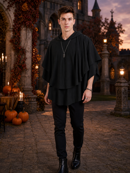 Women's Gothic Hooded Cape Cloak for Halloween Cosplay, Black Flowing Draped