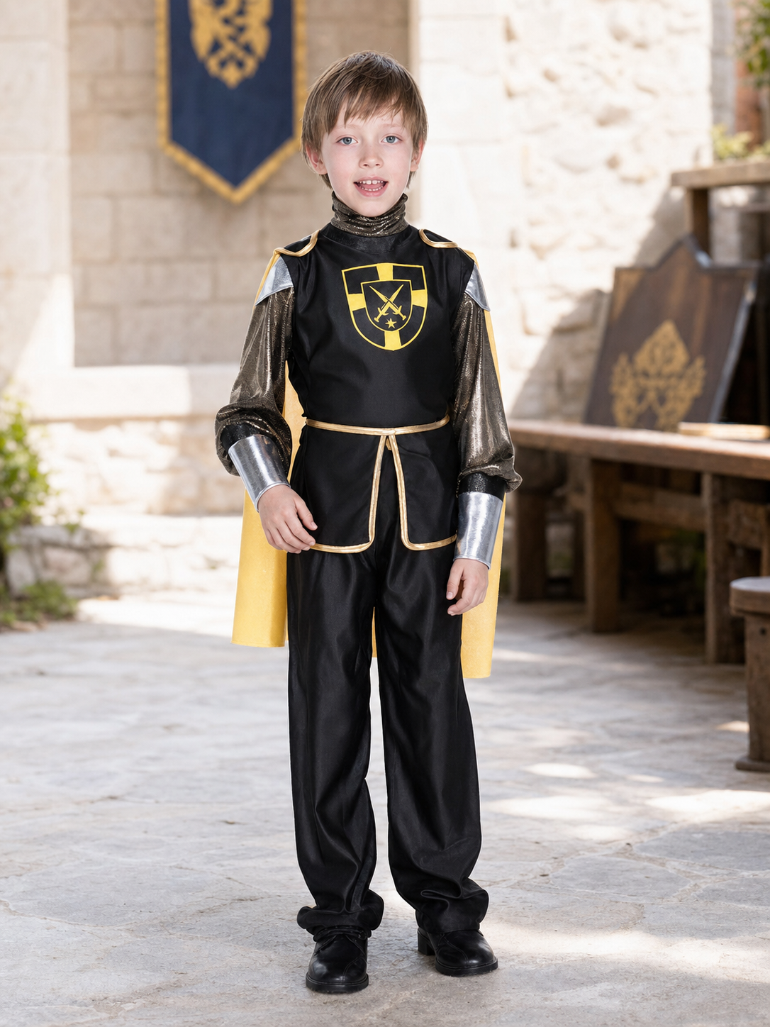 Children's knight costume with tunic, cape, and pants
