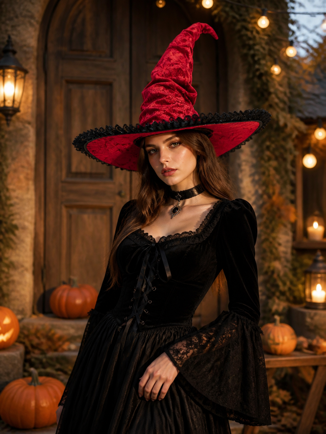 Red and Black Wide Brim Witch Hat, Tall Curved Pointed Top with Black Lace Trim lifestyle view