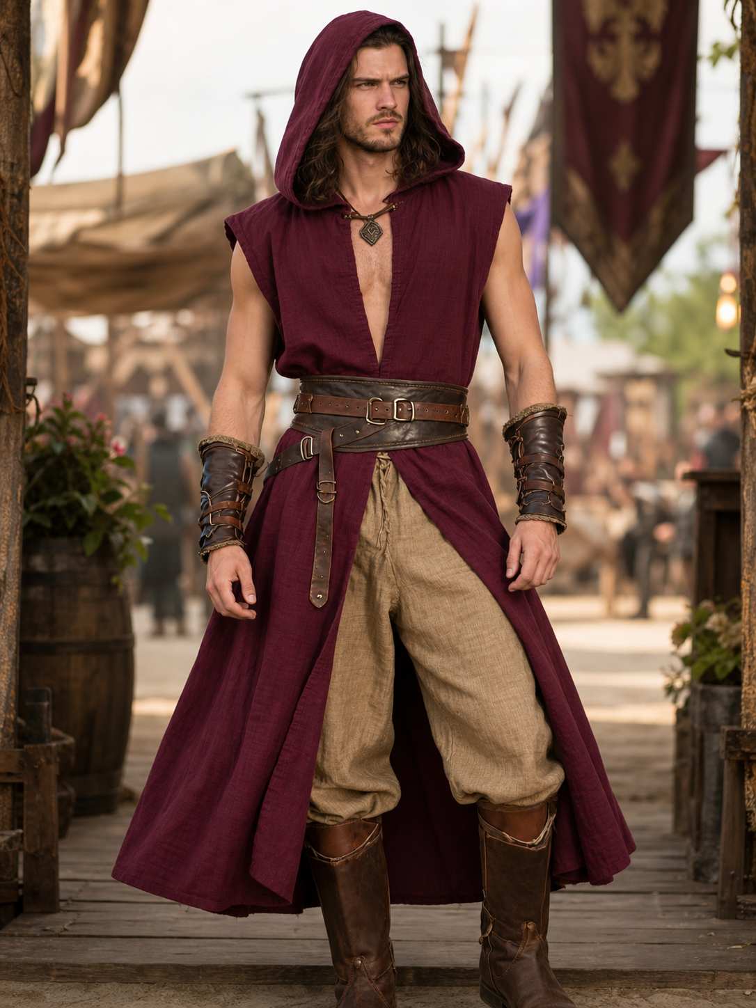 Medieval Hooded Cloak, Wine Red
