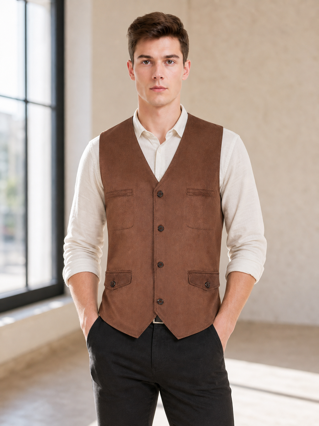 Brown vest with buttons, pockets, and lacing
