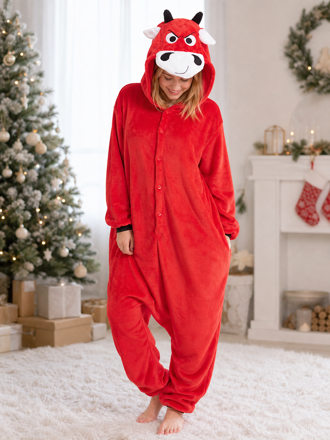 Red Plush Bull Kigurumi with Hood and Button Closure