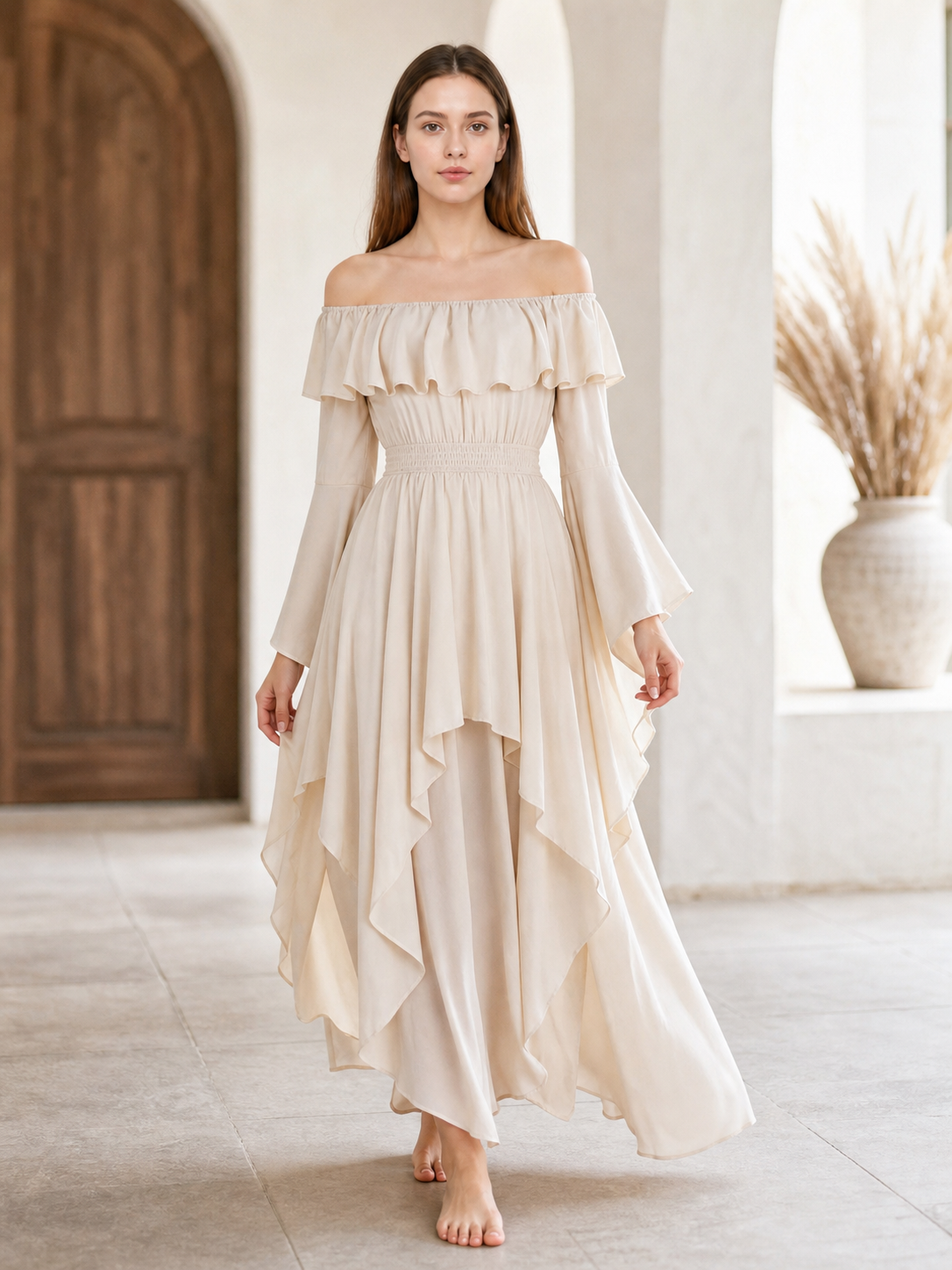 Red off-the-shoulder maxi evening dress