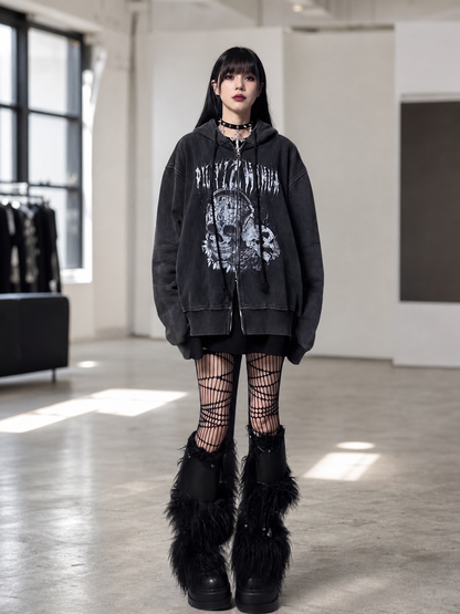 Y2K Skull Print Hoodie, Gothic Oversized