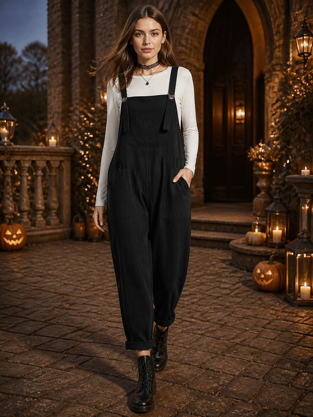 Black Bib Overalls, Loose Fit Long Pants with Chest and Side Pockets, Folded lifestyle view