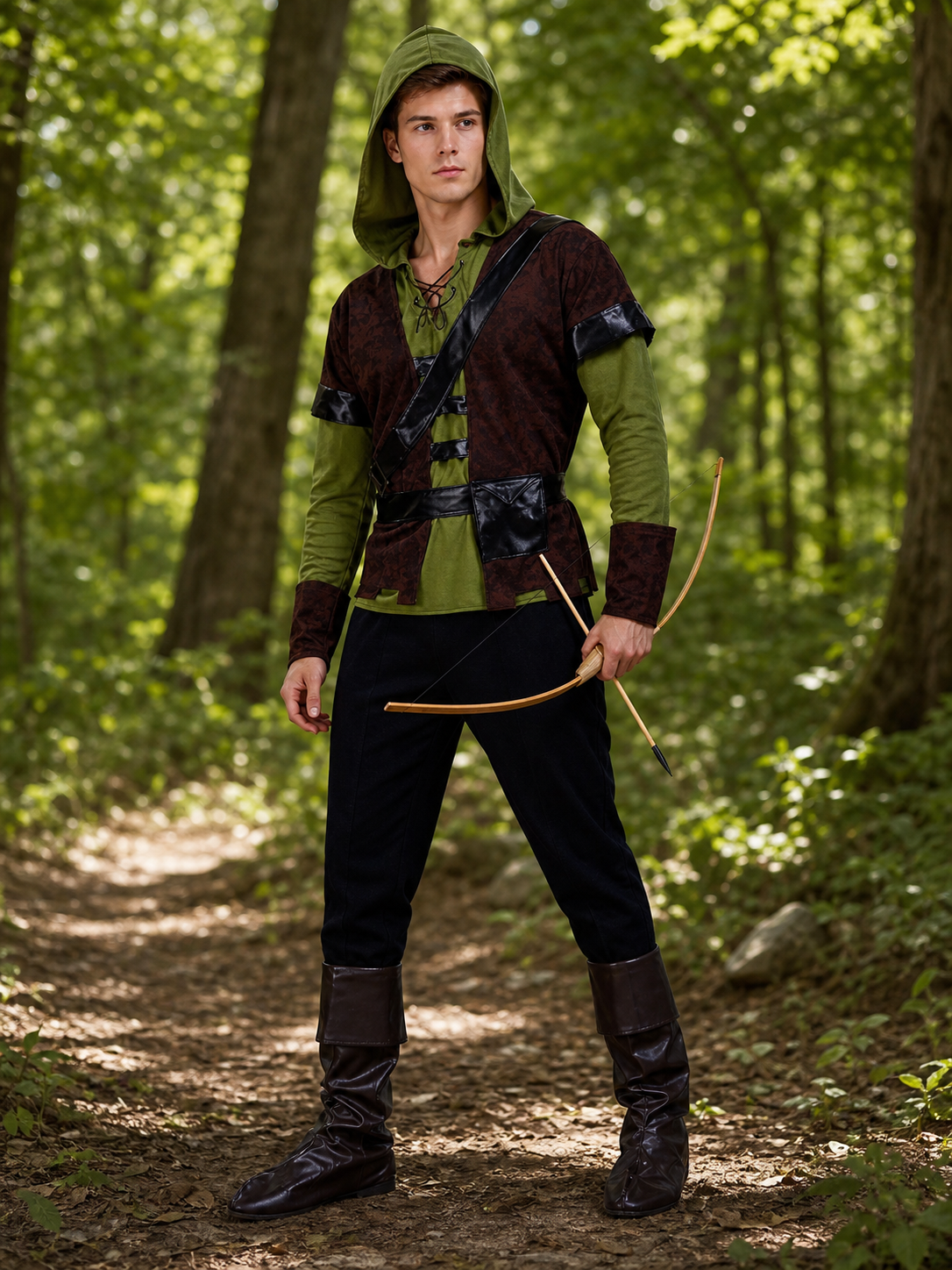 The costume is designed in the style of a medieval forest hero and is suitable for creating a distinctive look for a costume party, cosplay, Halloween, or a themed event. The set includes a complete costume look with a hooded top, lace-up n