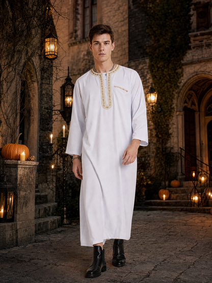 Men's White Traditional Islamic Robe with Gold-Toned Embroidered Trim, Long Sleeves, Collarless Neckline for Prayer and Formal Occasions