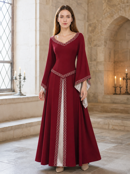 Floor-Length Dress with Long Sleeves and Decorative Trim