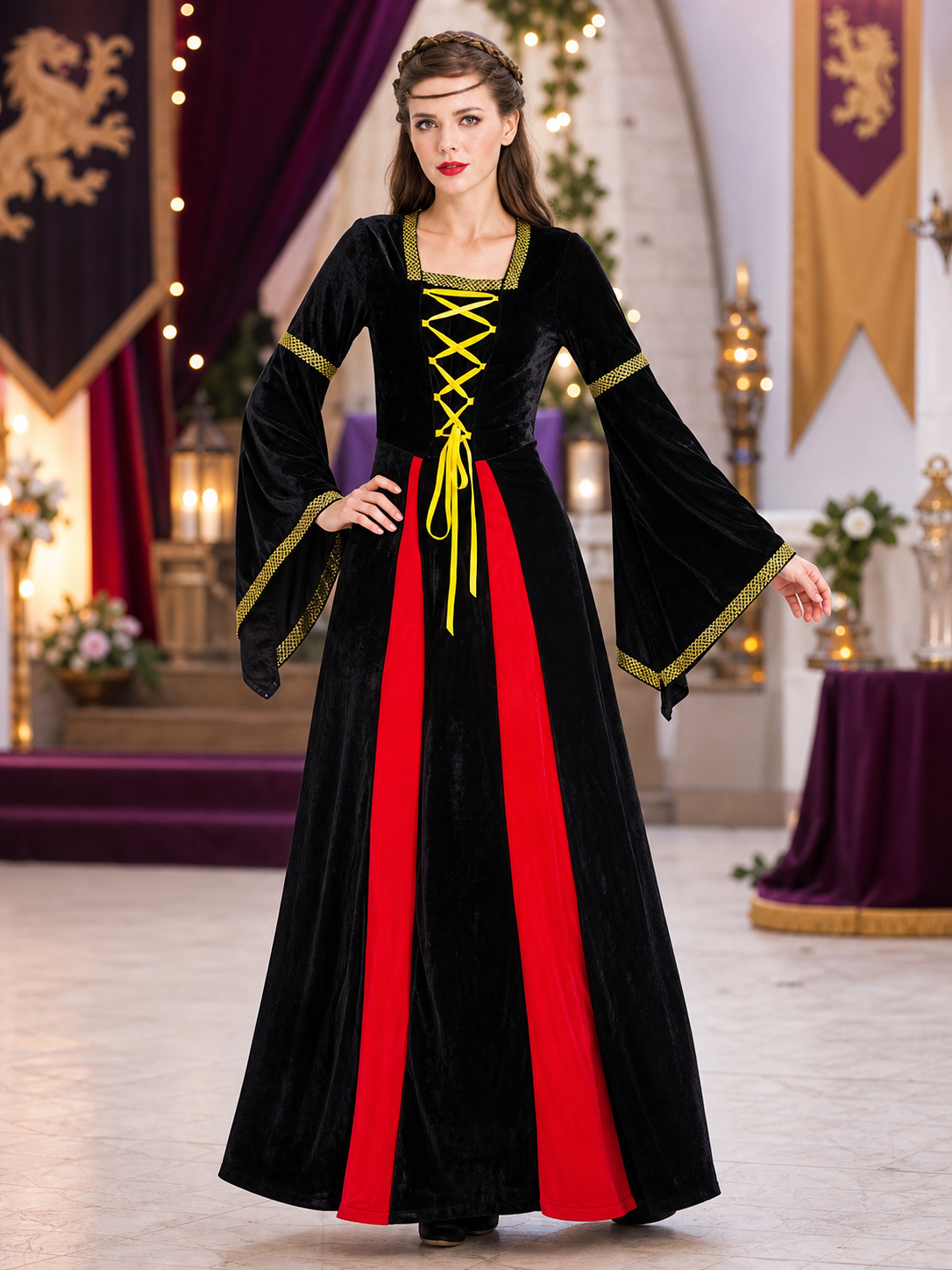 Long Medieval Carnival Dress with Lace-Up Front