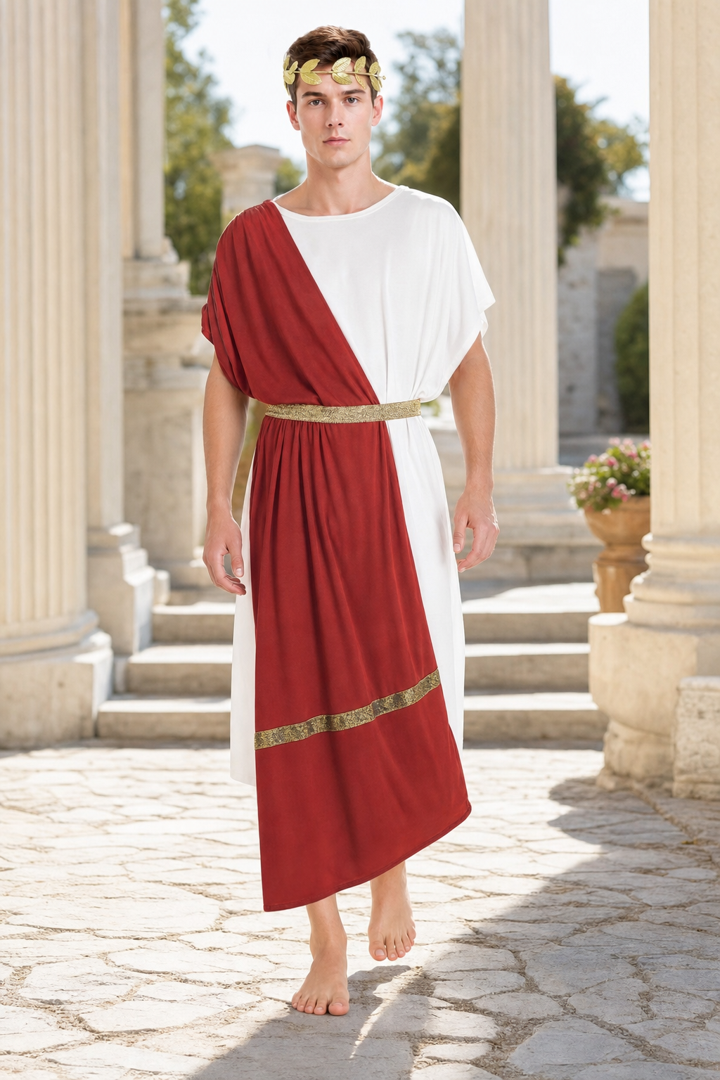 Men's Ancient Greek Costume, Red And White Draped Tunic With Gold Belt And Laurel Headpiece For Cosplay, Stage Events