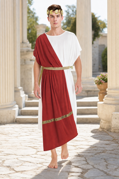 Men's Ancient Greek Costume, Red And White Draped Tunic With Gold Belt And Laurel Headpiece For Cosplay, Stage Events
