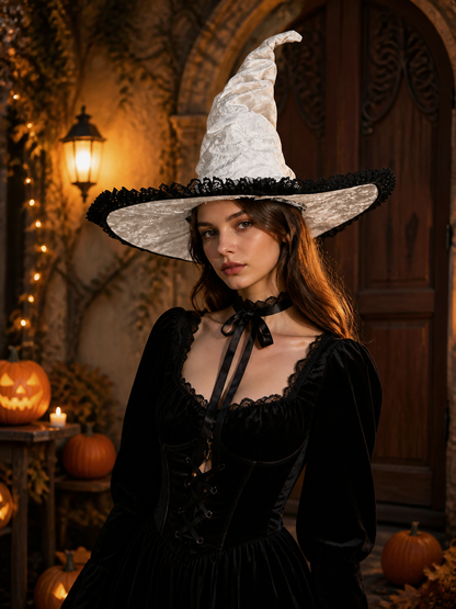White and Black Witch Hat, Wide Brim Pointed Hat with Lace Trim and Curved lifestyle view 2