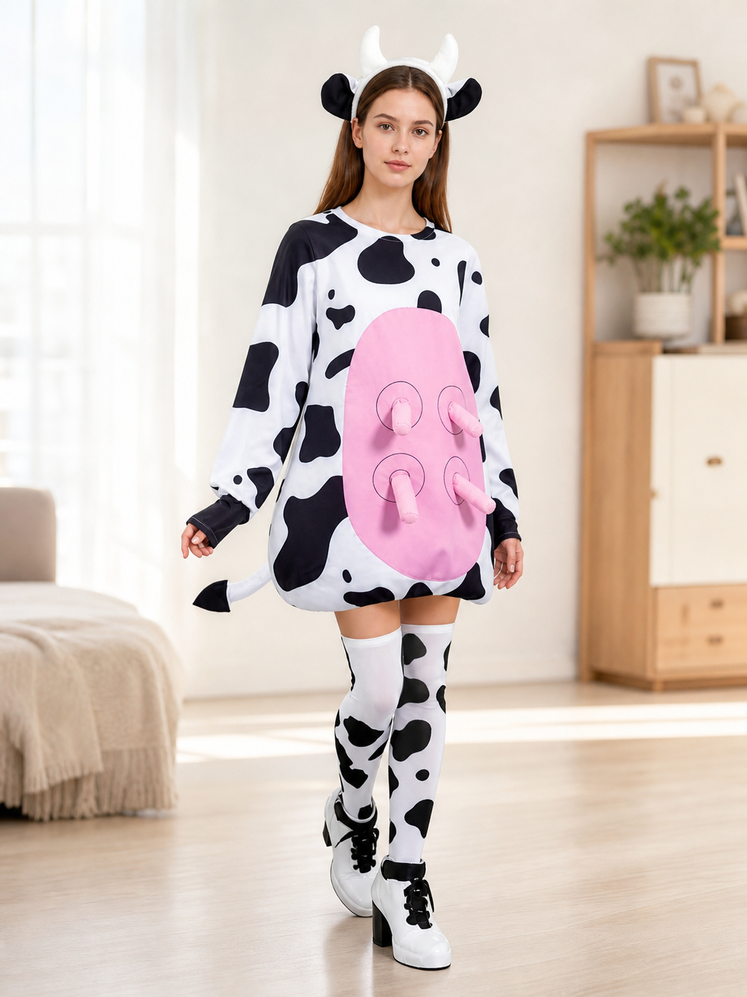 Adult Cow Costume with Headband, Tail, and Leg Warmers