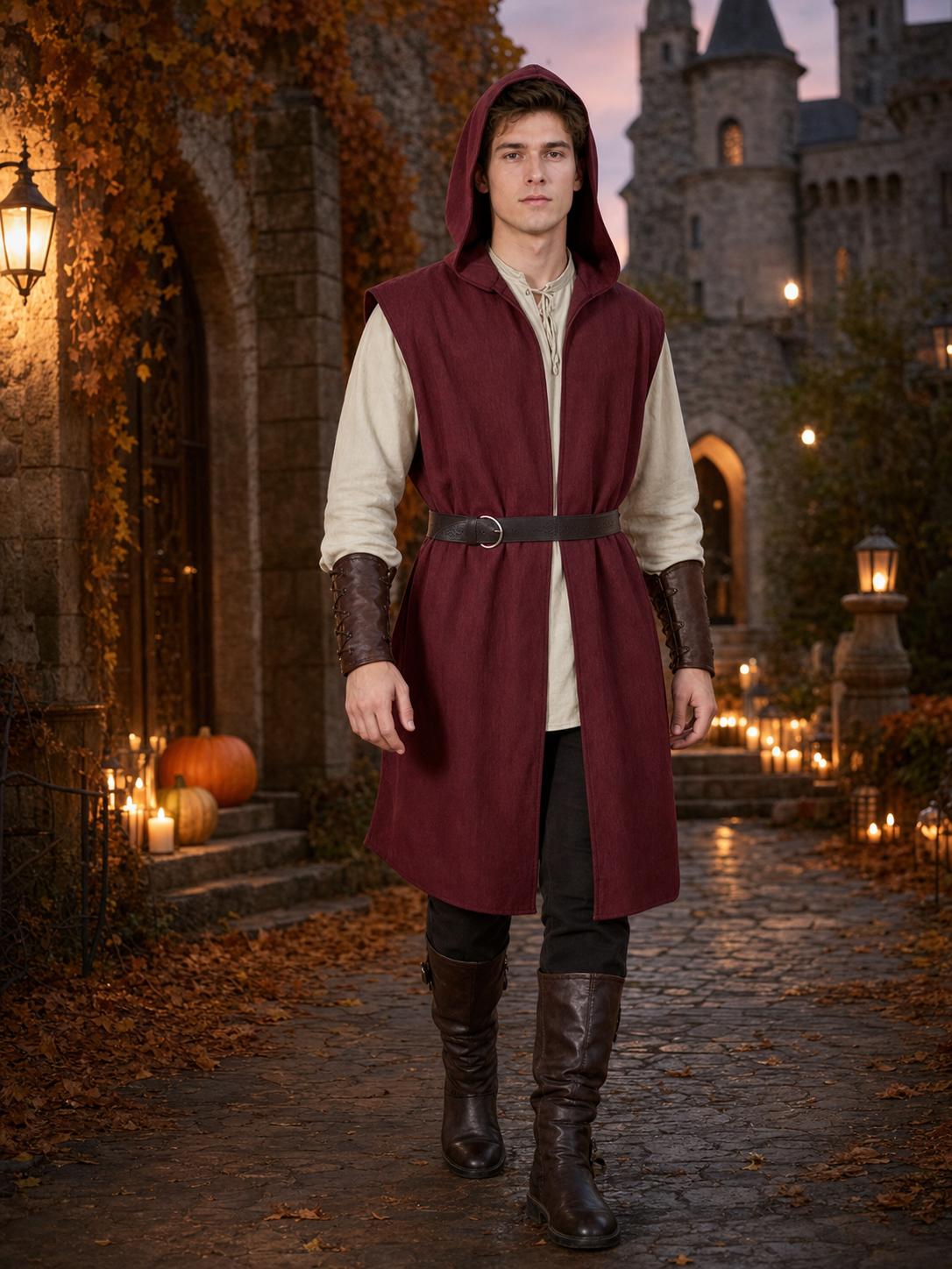 Adult Medieval Fantasy Hooded Cape, Wine Red Sleeveless Long Split-Hem Cloak lifestyle view 2