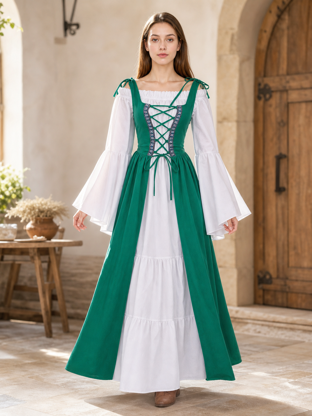 Green and white medieval-style dress with lacing