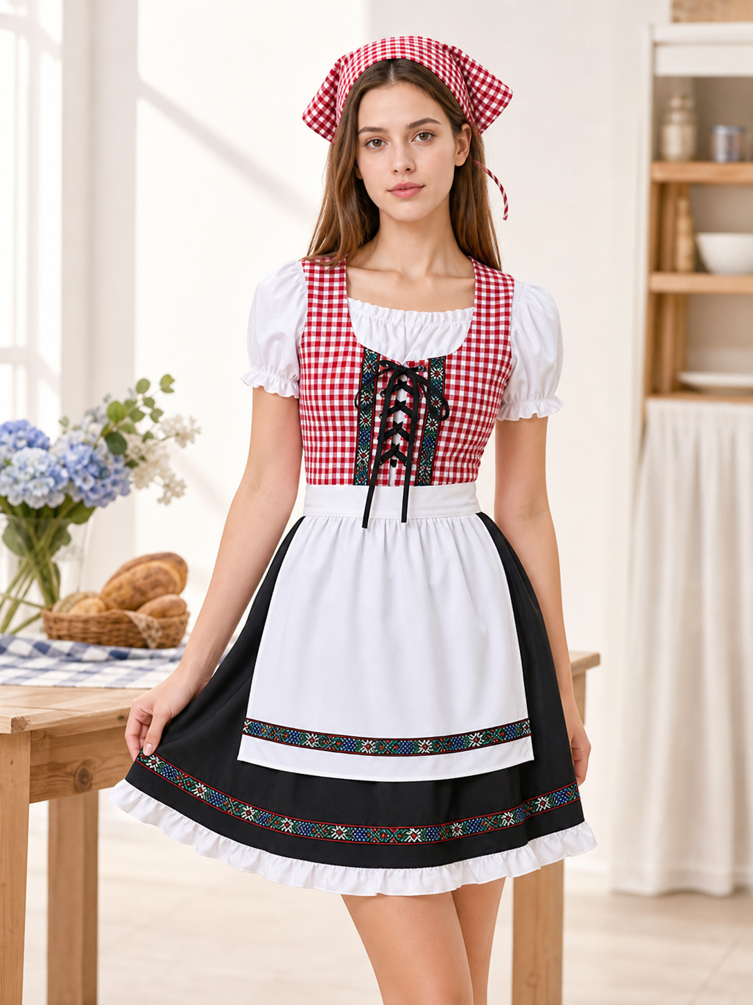 Bavarian dirndl-style costume with bonnet