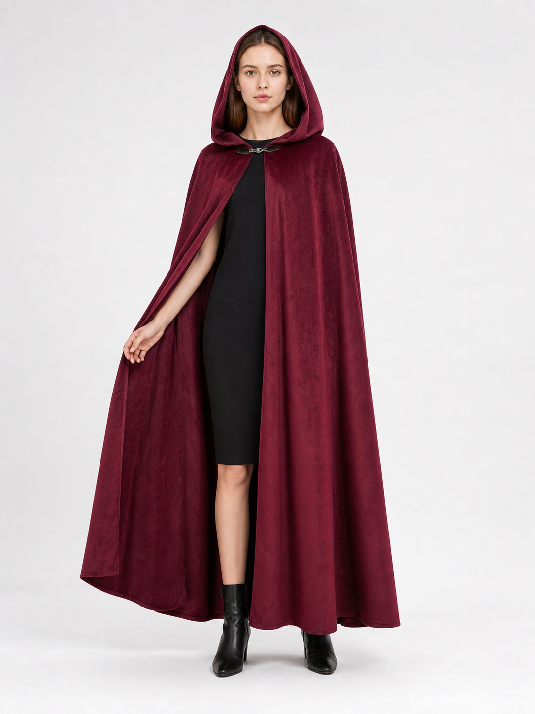 Long burgundy carnival cloak with hood