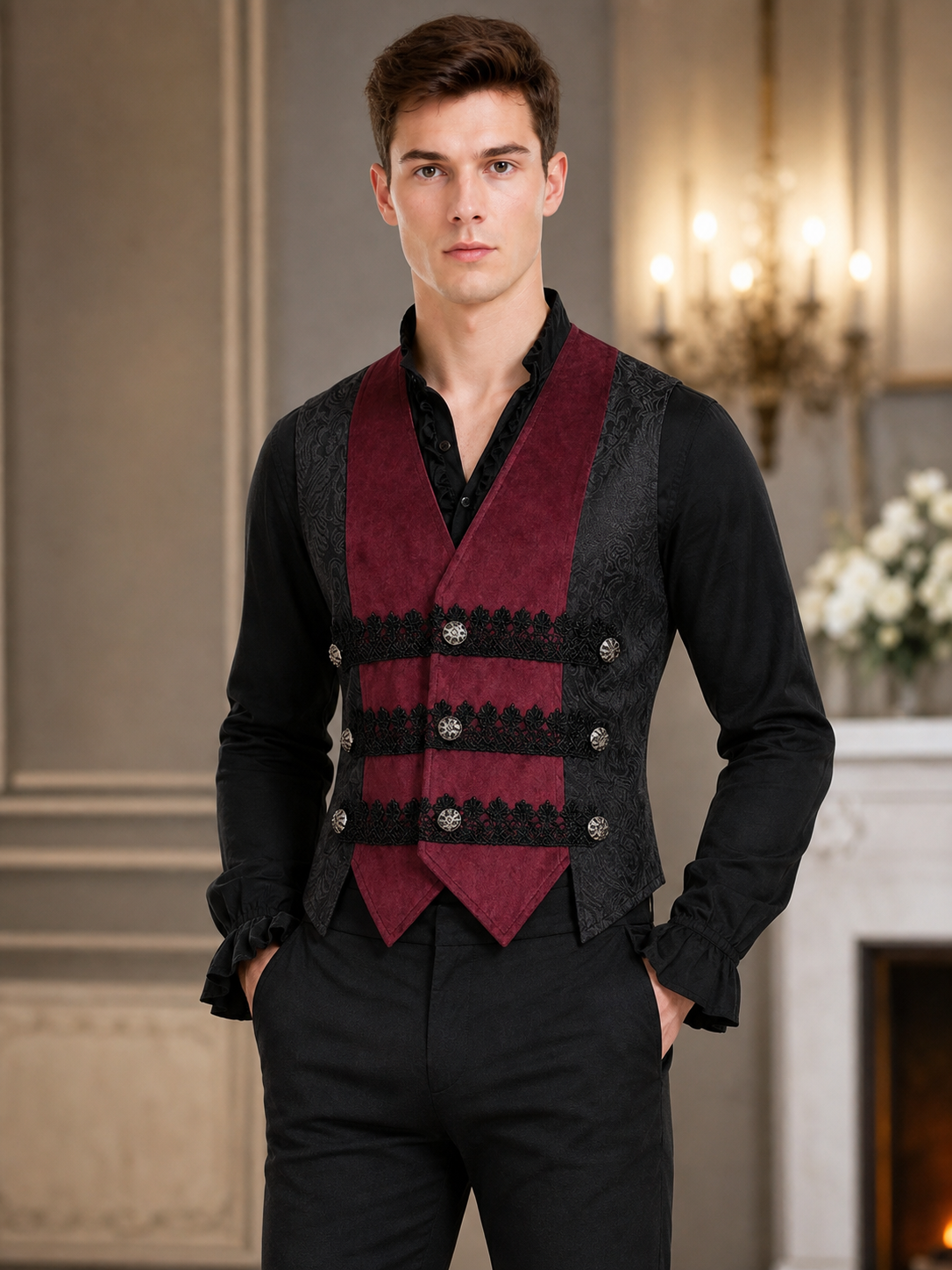 Gothic Sleeveless Vest with Burgundy Lapels