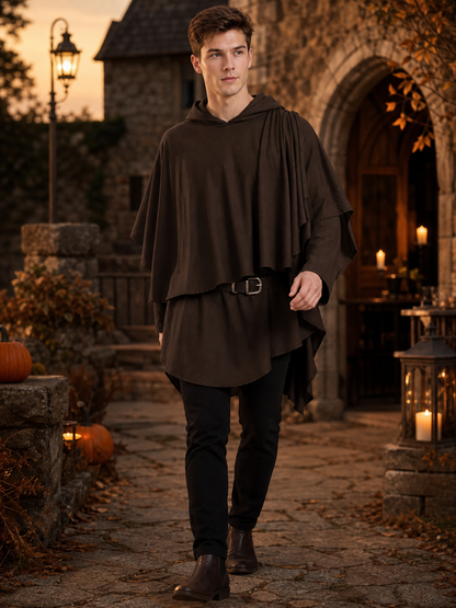 Women's Hooded Wanderer Cloak Costume with Layered Hem, Shoulder Draped Pleats