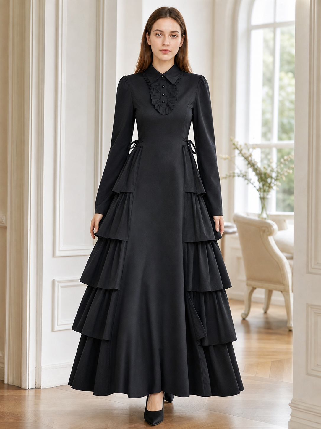 Black Gothic Dress with Ruffles and Lacing