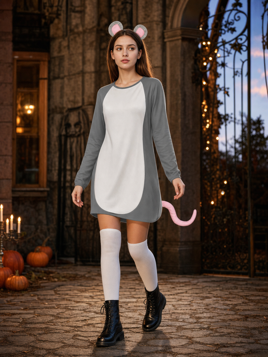 Adult Gray Mouse Costume Set with White Belly, Pink Tail and Mouse-Ear Headband for Costume Parties, Cosplay and Themed Events