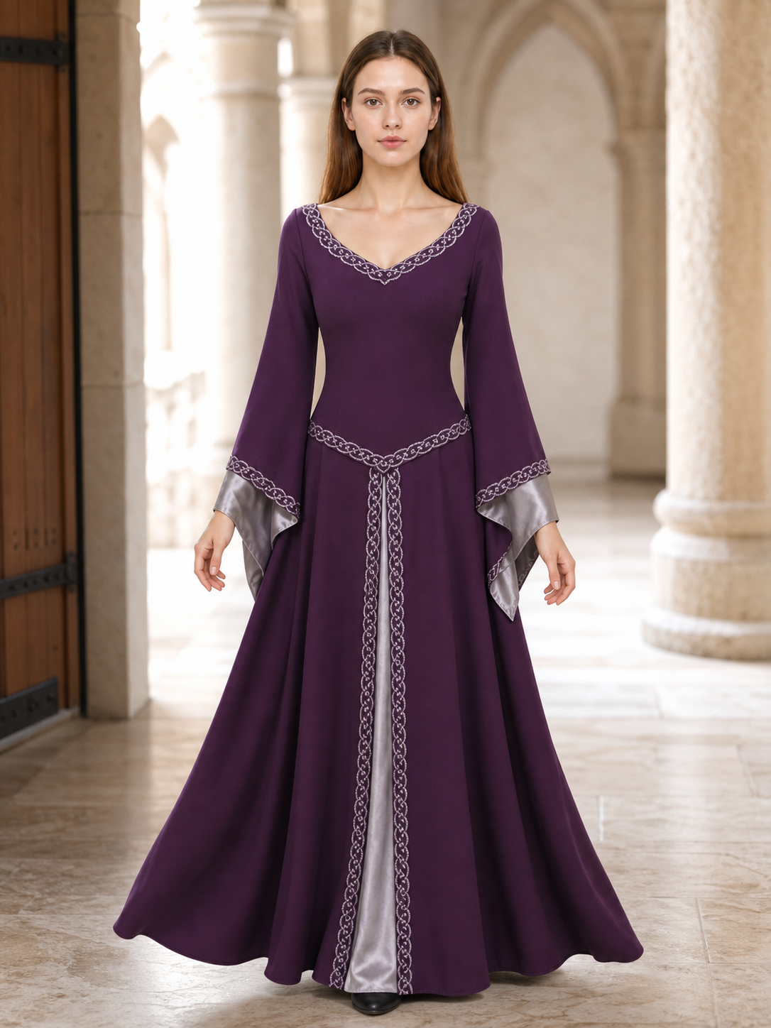 Long fantasy-style dress with bell sleeves