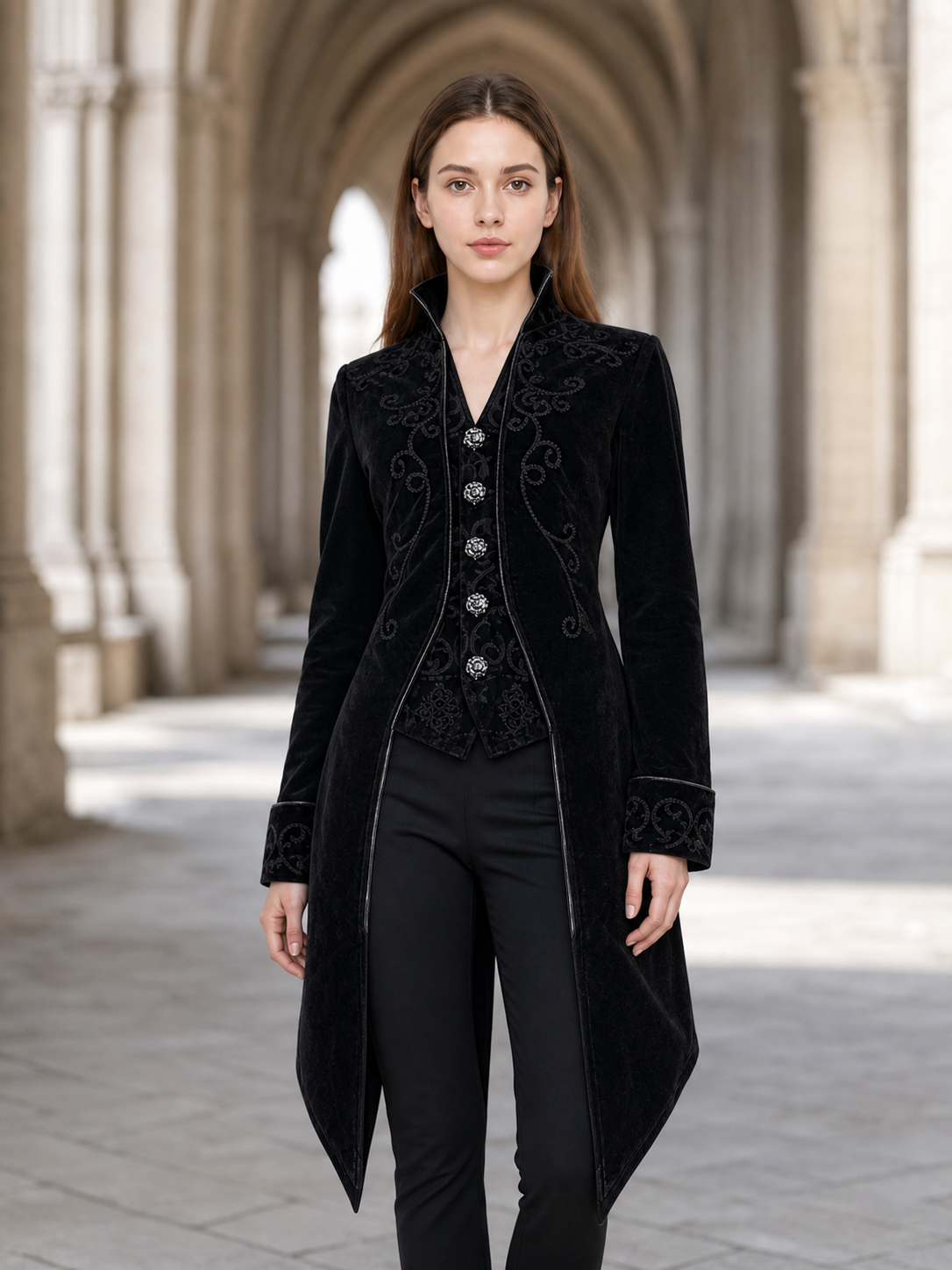 Black embroidered coat with a stand-up collar and pointed tails
