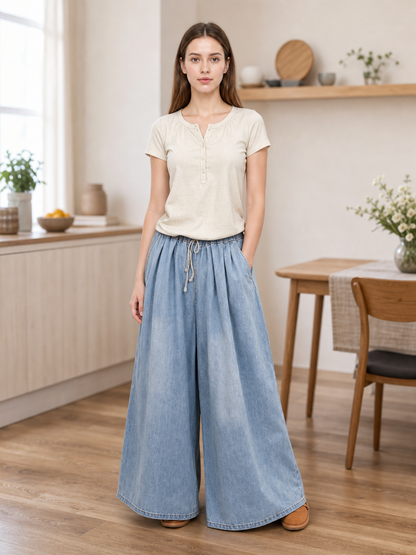 Light Blue Wide-Leg Drawstring Jeans