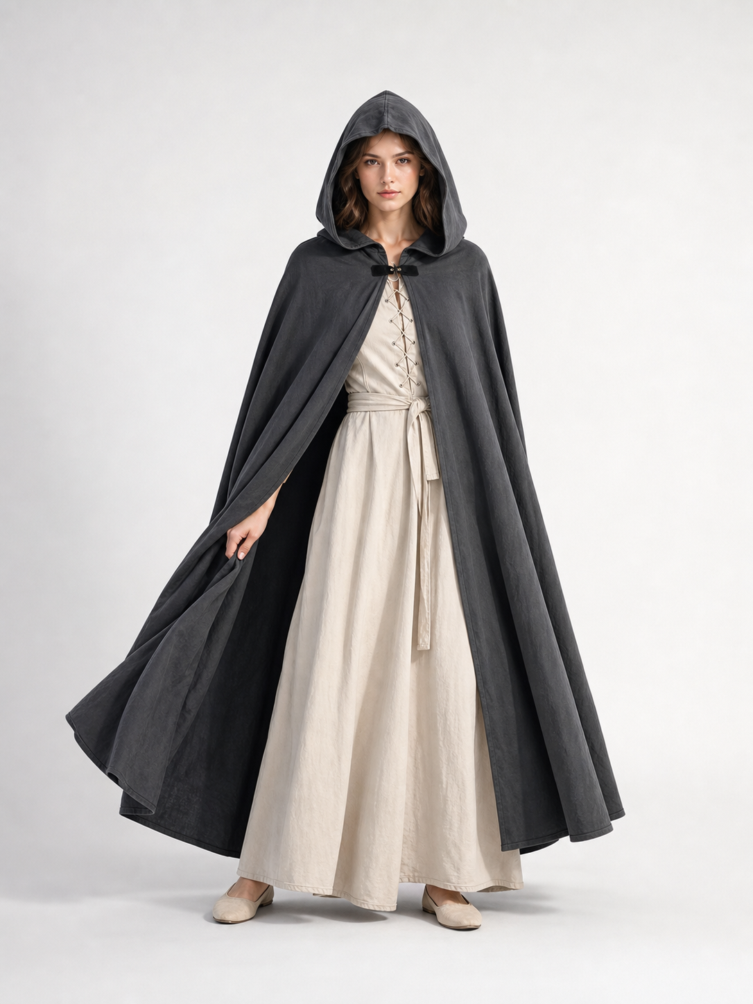 Adult Fantasy Hooded Cape, Long Dark Gray Cloak With Front Tie Closure, Wide lifestyle view 2