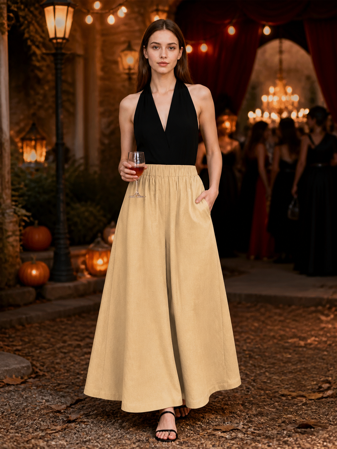 Apricot Wide Leg Pants, Elastic Waist Long Trousers with Two Side Pockets lifestyle view