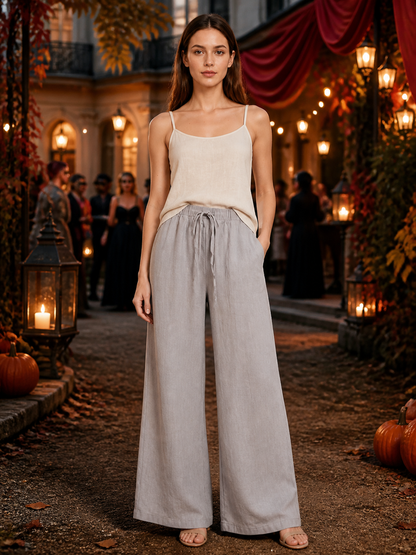 Gray wide-leg jeans with a drawstring and elastic waistband lifestyle view 2