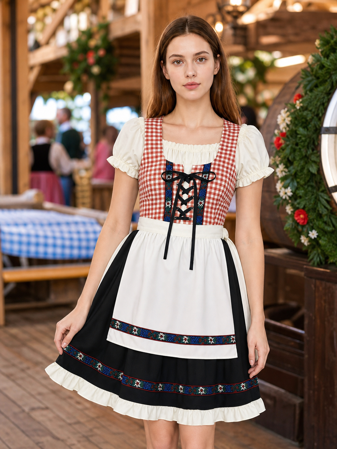 This traditional costume is designed in a vintage folk style and is suitable for creating a striking look for a costume party, themed event, holiday program, or cultural performance. The dress features a brown-and-white plaid pattern: this 