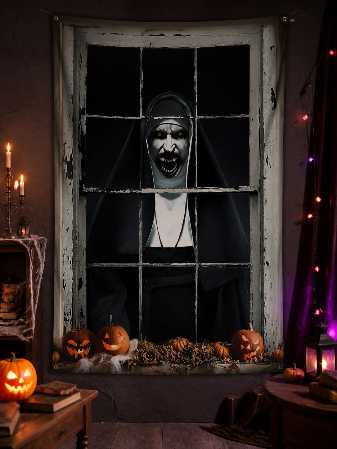 1pc Horror Nun Pattern Wall Cloth, Creepy Window Scene Backdrop Banner, Black lifestyle view