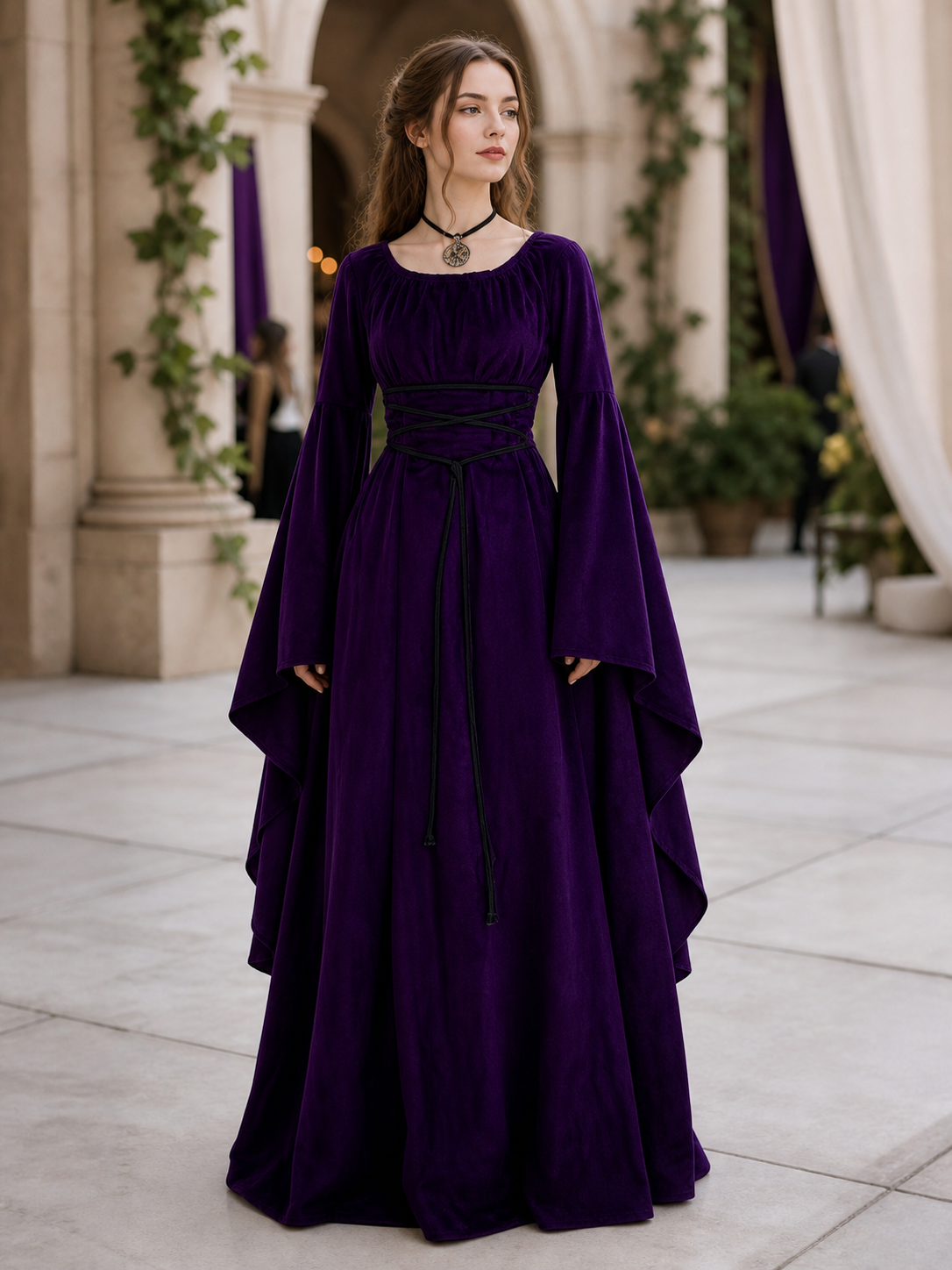 Floor-Length Gothic-Style Dress with Flared Sleeves