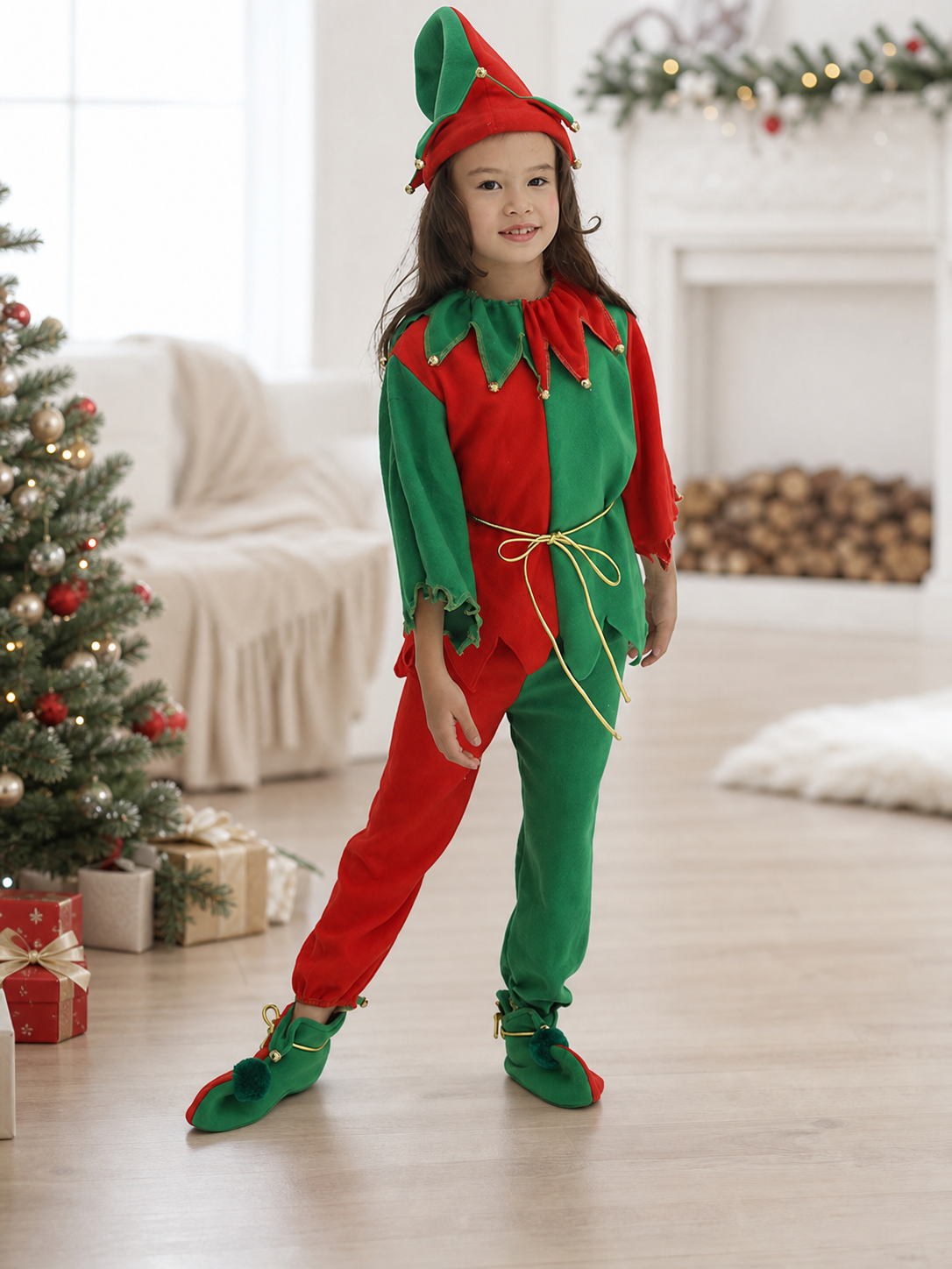 Children's Christmas elf costume in a festive red-and-green design with gold and yellow trim. The set includes a pointed hat with a curled tip and small dangling decorative elements, a long-sleeve top, pants, a gold tie belt for the waist, 