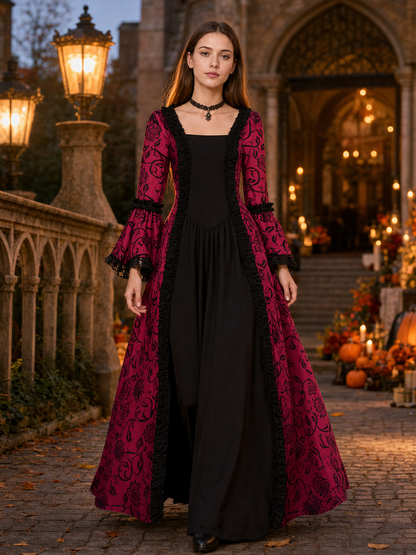 Women’s Gothic Medieval Court Costume Dress 2pcs Set With Neck Accessory, Red Black Scroll Print, Square Neck Long Sleeve Cosplay Outfit
