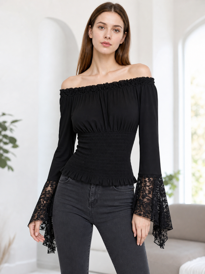 Black off-the-shoulder blouse with ruffles and long sleeves