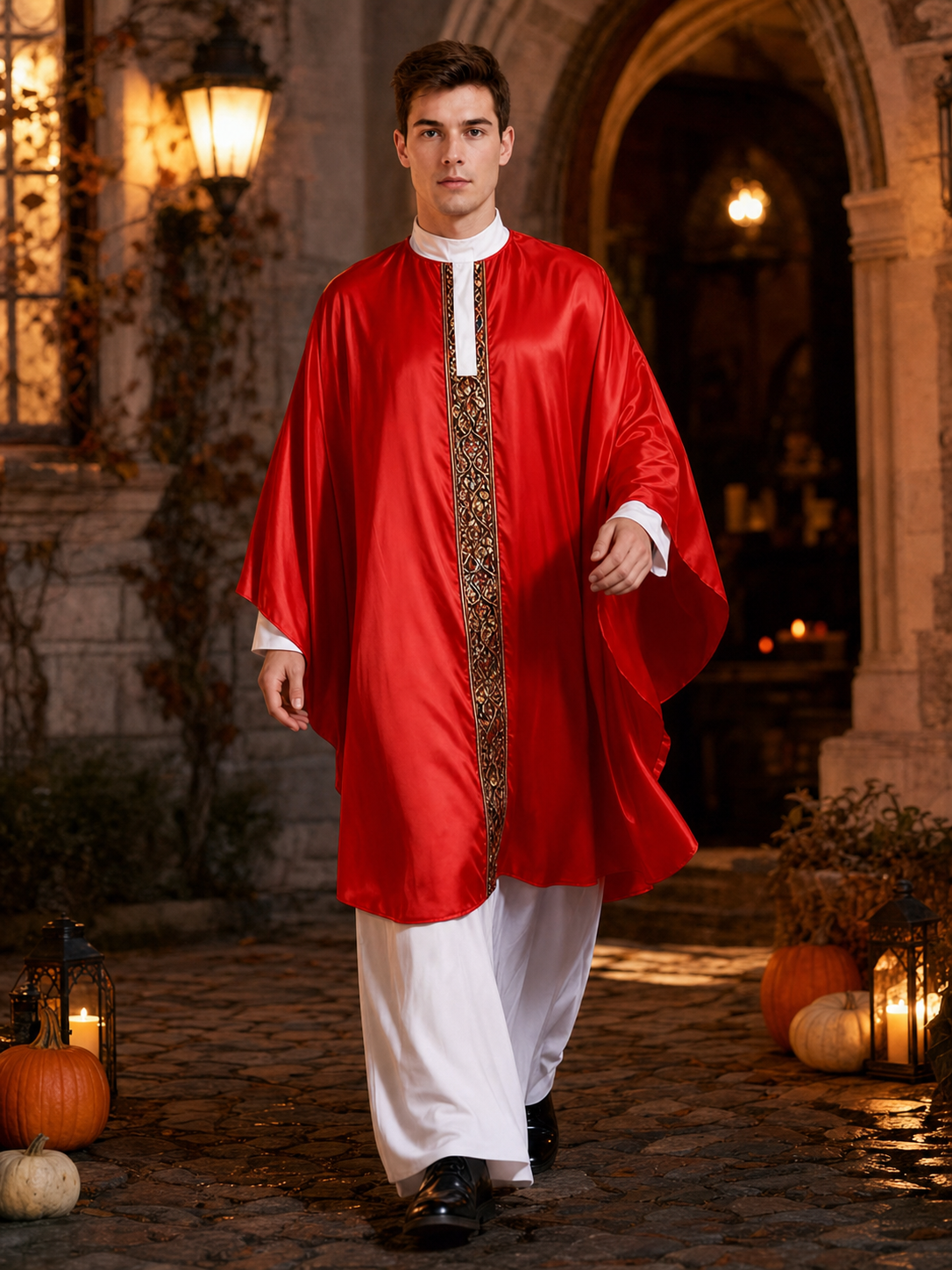 Papal-Style Ceremonial Costume Set With Red Robe, White Undergarment And Pointed Mitre Hat For Stage, Film And Themed Events