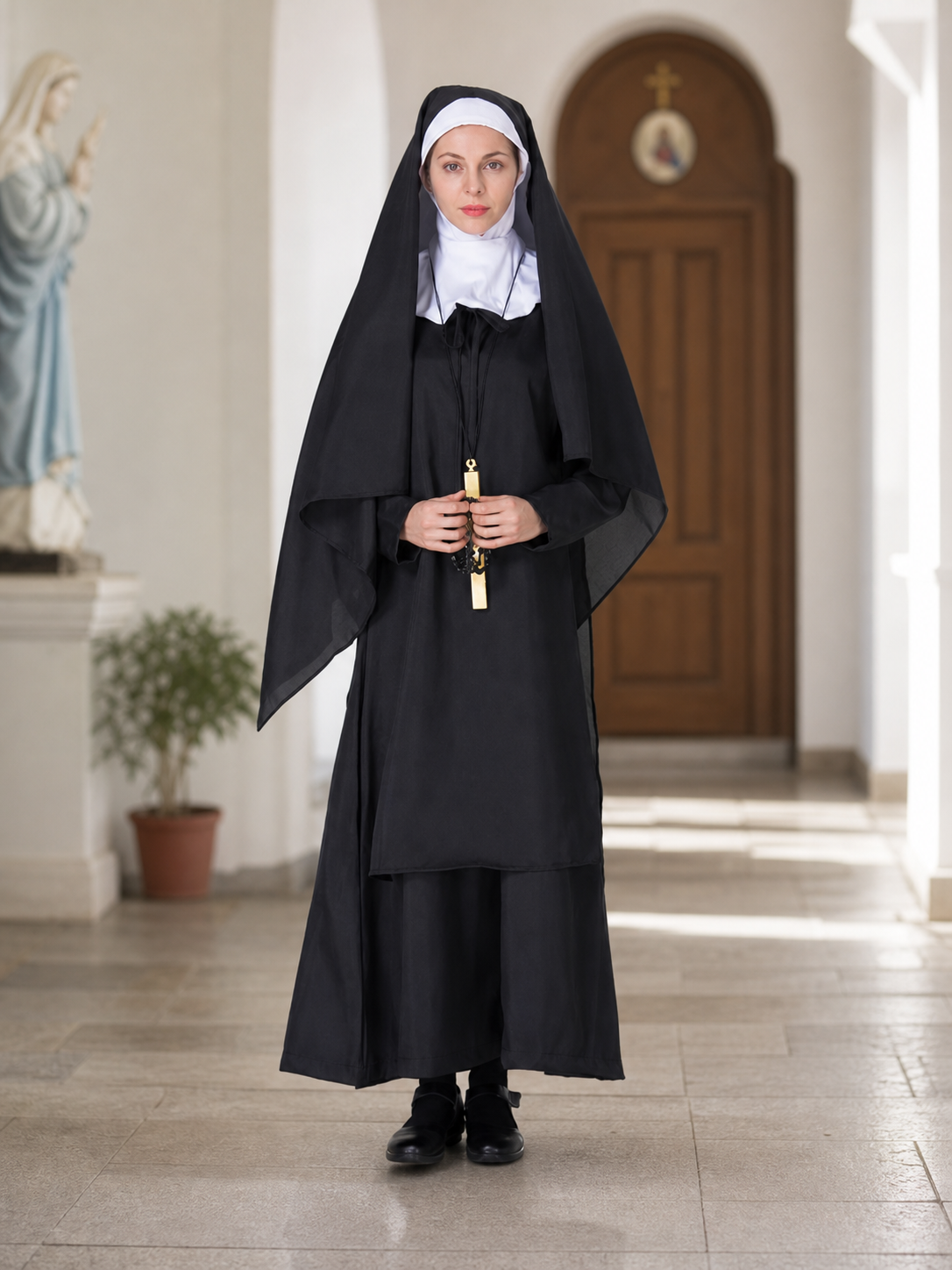 Religious-style costume with veil and cape