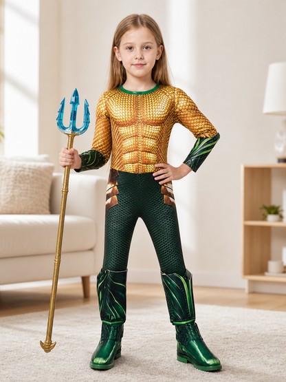 This set is designed for a striking water-themed superhero look and is suitable for children's dress-up, cosplay, costume parties, stage performances, and themed performances. The set includes a one-piece jumpsuit costume with long sleeves,