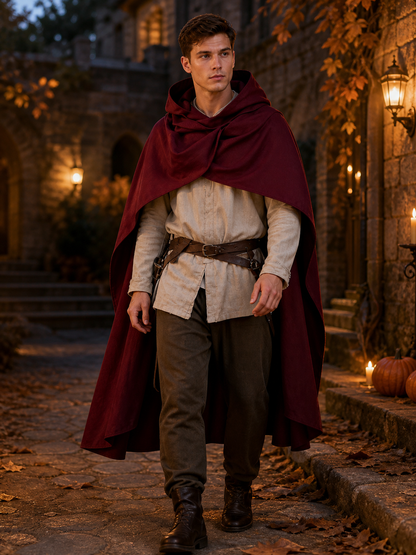 Wine red hooded cape with layered front draping, shown on a male model walking along a lantern-lit stone street