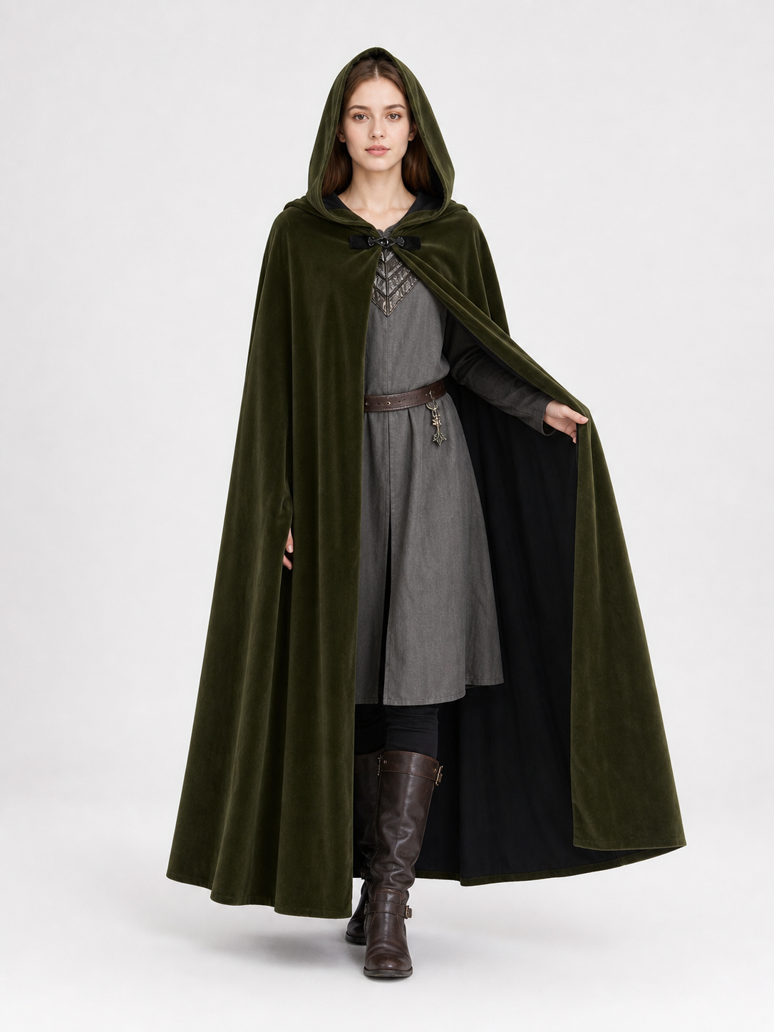 Medieval Fantasy Long Hooded Cape with Oversized Hood, Velvety-Look Green Exterior and Black Lining for Cosplay Events