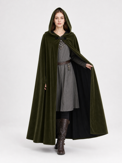 Medieval Fantasy Long Hooded Cape with Oversized Hood, Velvety-Look Green Exterior and Black Lining for Cosplay Events
