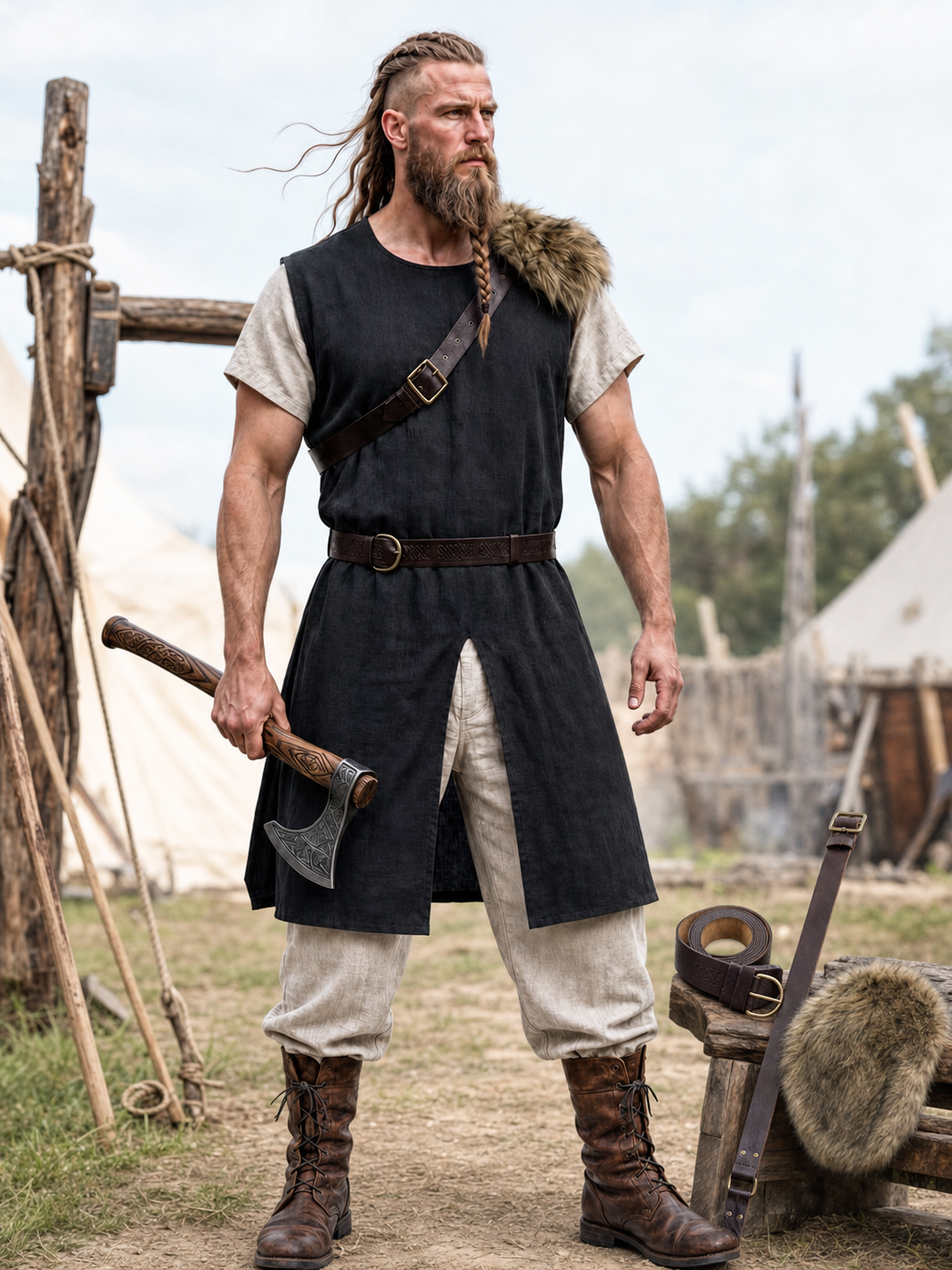 Black Sleeveless Tunic with Fur Trim and Belt