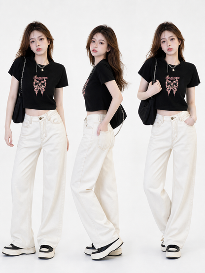 Women's Black Summer Cropped Graphic T-Shirt